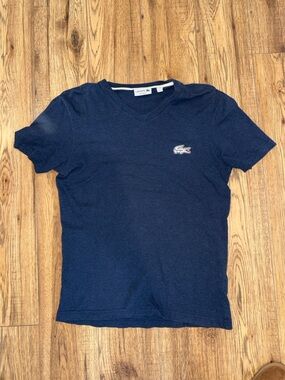 Lacoste Men's Navy V-Neck Short Sleeve Cotton Tee with Crocodile Logo